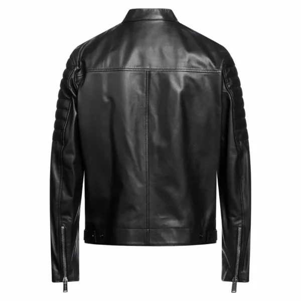 Black Quilted Leather Jacket Cafe Racer - Image 2