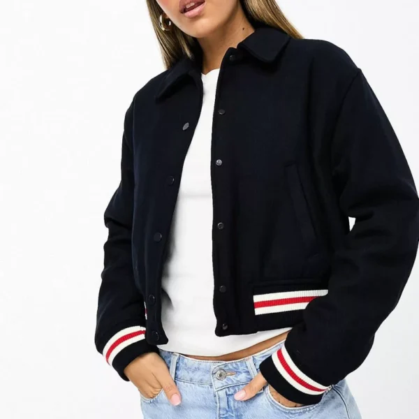 Women Blue Woolen Bomber Varsity Jacket