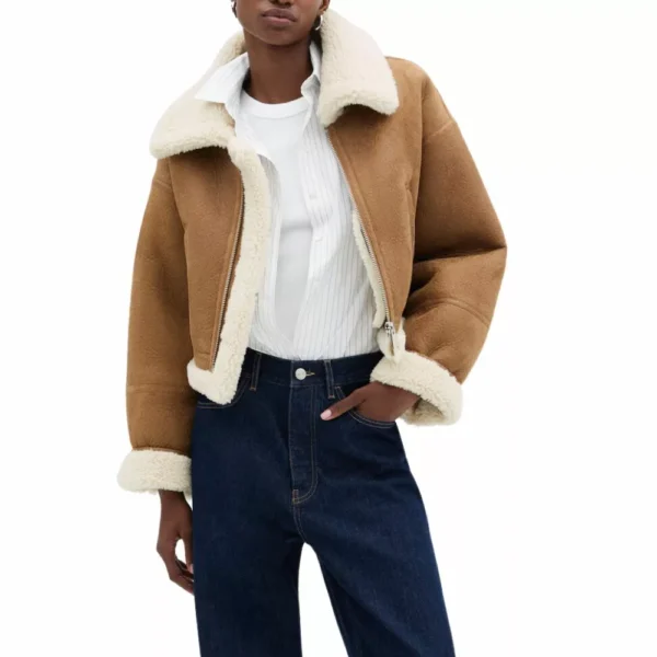 Shearling Lined Brown Women’s Cropped Jacket - Image 2