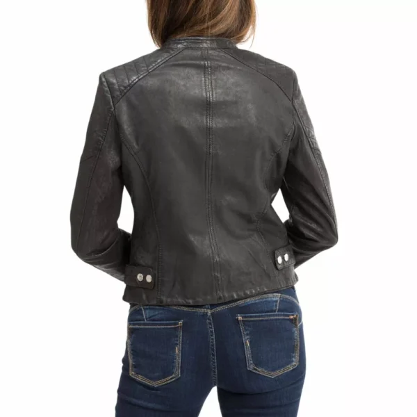 Women Black Slim Fit Biker Genuine Leather Jacket - Image 2