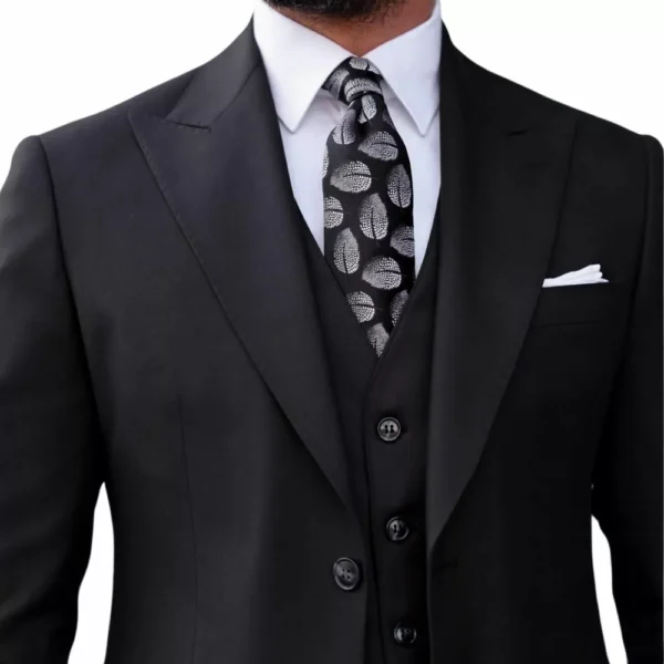 Modern 3 Piece Black Peak Lapel Suit - Image 2