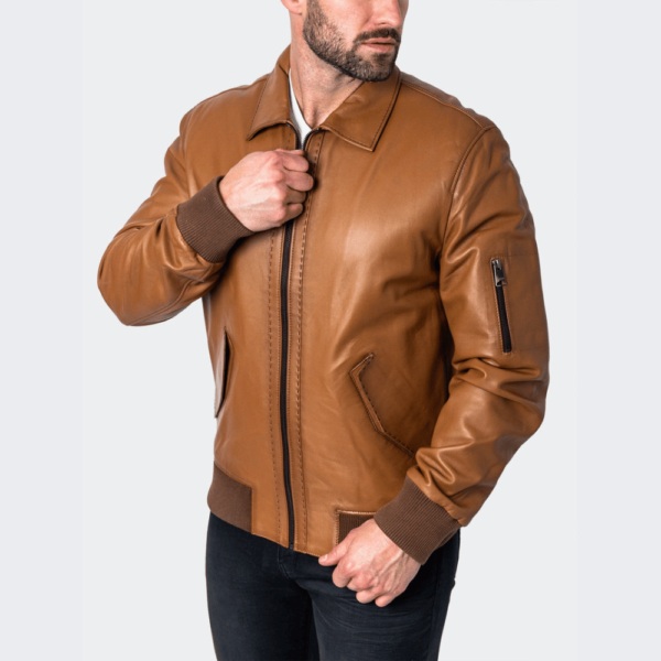 Classic Collar Real Leather Brown Jacket for Men - Image 4