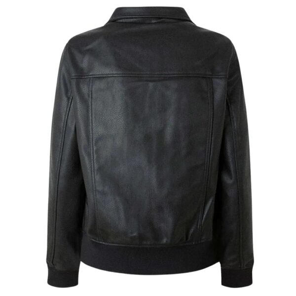 Womens Classic Collared Black Bomber Leather Jacket - Image 2