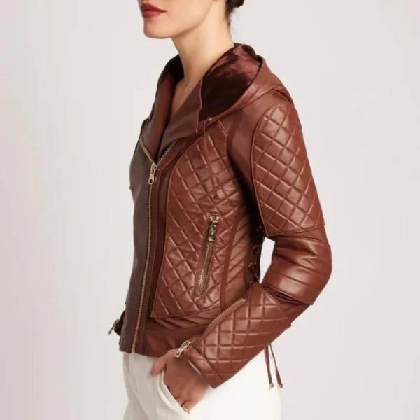 Womens Brown Moto Quilted Hooded Leather Jacket - Image 2