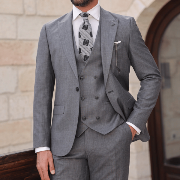 Mens 3Piece Tweed Grey Peak Lapel Suit Pant - Image 2
