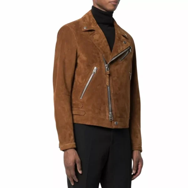 Mens Brown Suede Moto Leather Jacket - Image 3