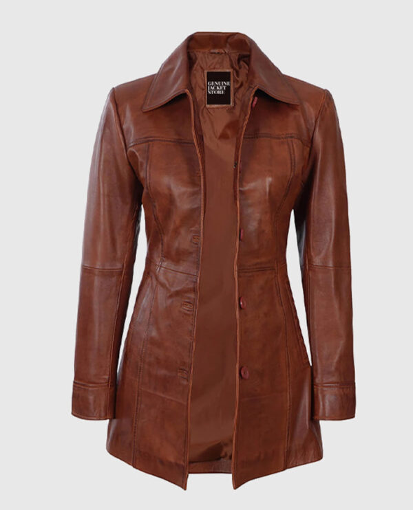 Women's Cognac Leather Coat - Image 3