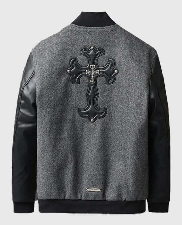 Men's Chrome Cross Letterman Bomber Grey Jacket - Image 2