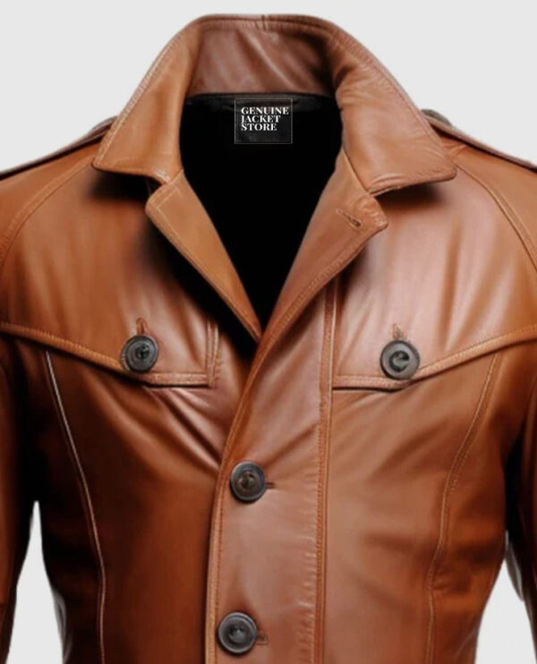 Men's Tan Brown Leather Coat - Image 3