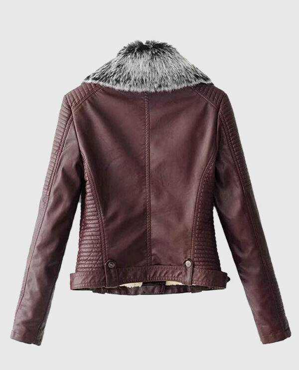 Women's Faux Fur Quilted Moto Maroon Jacket - Image 2