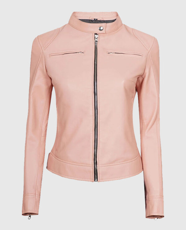 Light Pink Women's Motorcycle Cafe Racer Leather Jacket
