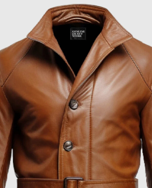 Men's Vintage Big Pockets Tan Brown Leather Coat - Image 4