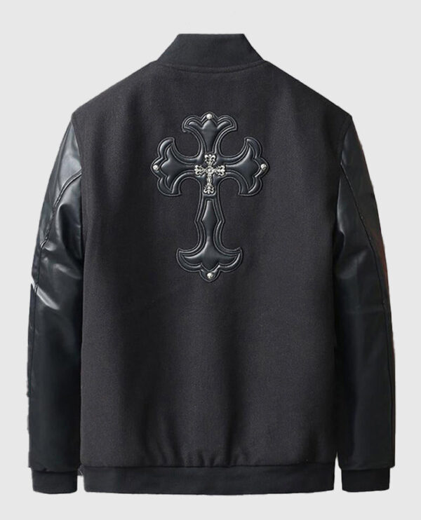 Men's Chrome Cross Letterman Bomber Black Jacket - Image 2