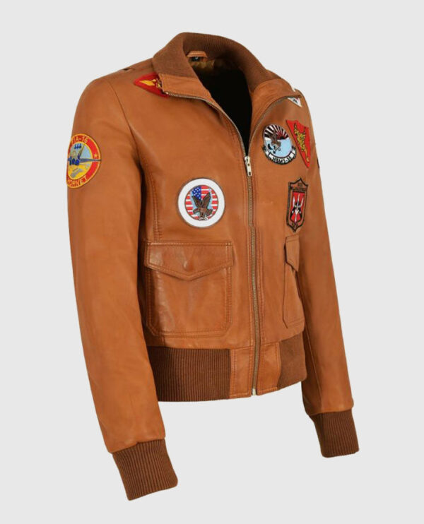 Women's Top Gun Brown Bomber Jacket With Badges - Image 3