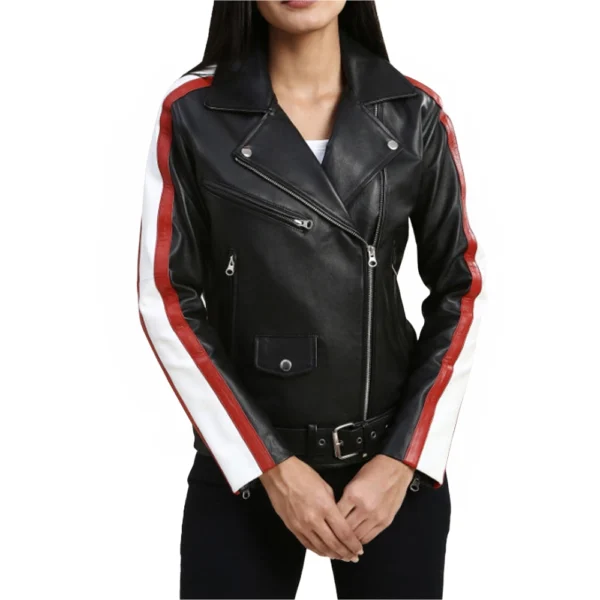 Womens Biker Black Leather Jacket With Stiped Sleeves - Image 2