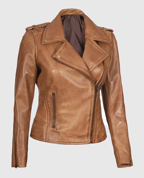 Kirsten Women's Asymmetrical Camel Brown Real Leather Jacket