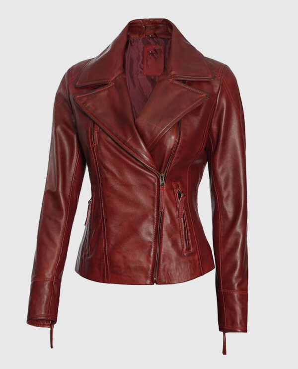 Women's Maroon Asymmetrical Biker Leather Jacket - Image 3
