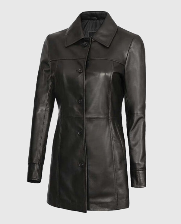 Women's Black Leather Long  Coat - Image 5