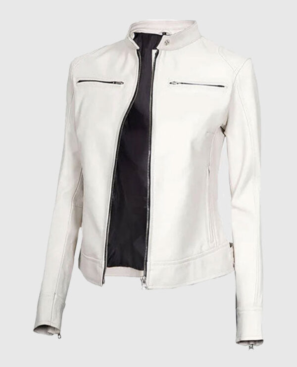 Women's White Leather Cafe Racer Jacket - Image 5
