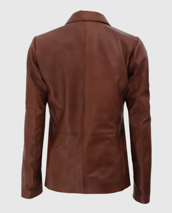 Women's Brown Two Button Leather Blazer Jacket - Image 2