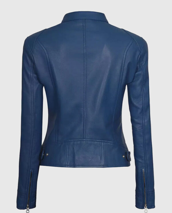 Women's Blue Cafe Racer Leather Jacket - Image 2