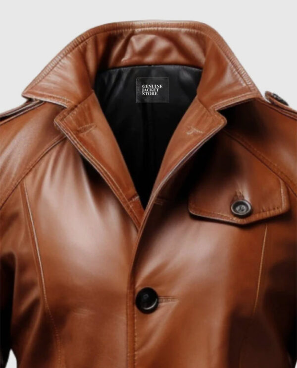 Men's Vintage Tan Brown Long Leather Coat - Image 3