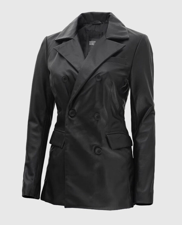 Women's Double Breasted Black Leather Blazer - Image 2