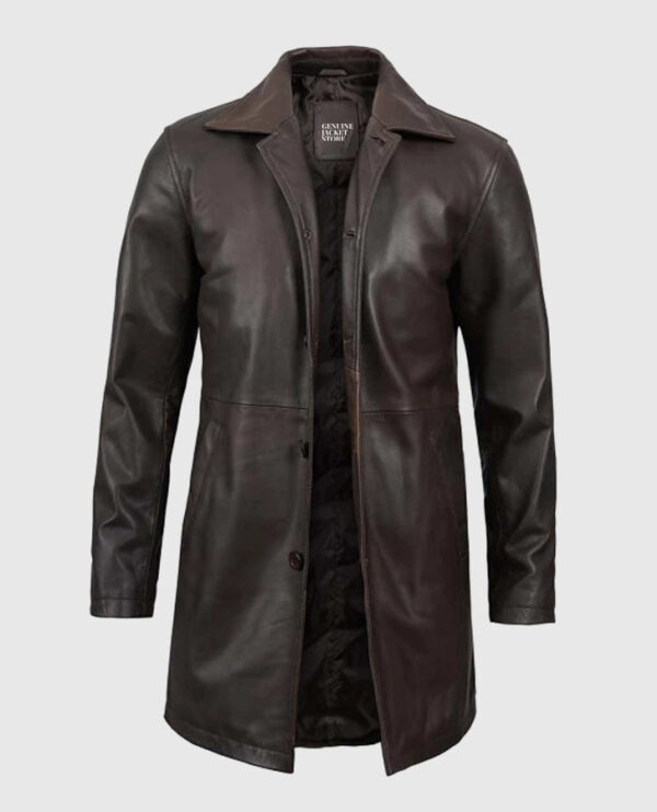 Men's Distressed Dark Brown Leather Coat - Image 4