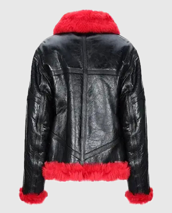 Women Red Faux Fur Aviator Jacket - Image 2