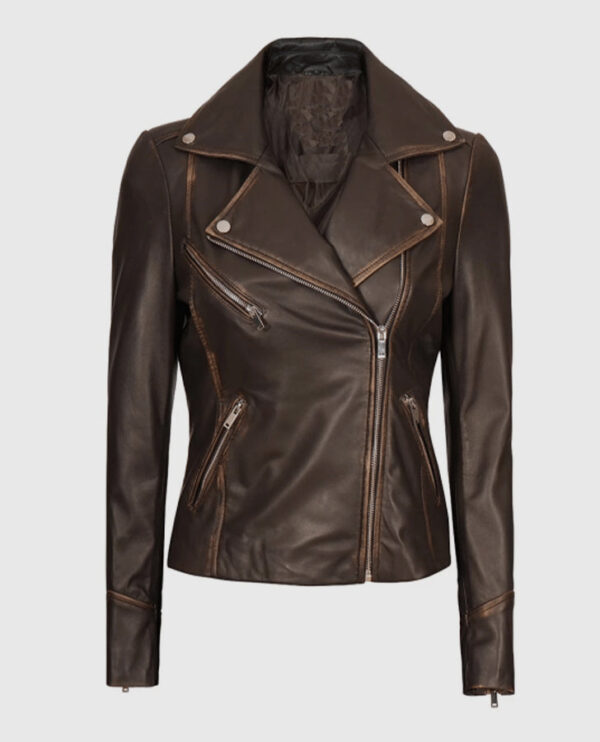 Women's Brown Rub-off Vintage Leather Biker Jacket