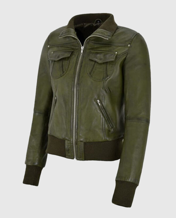 Women's Aviator Olive Bomber Leather Jacket - Image 3