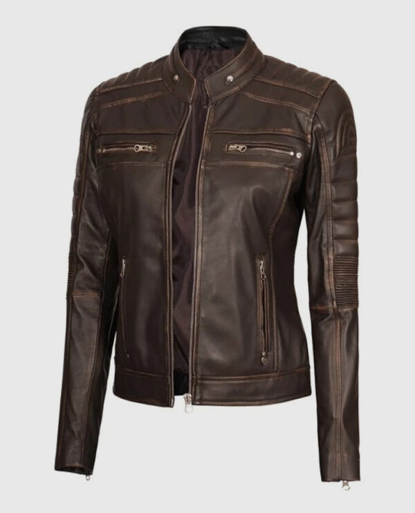 Women's Austin Dark Brown Cafe Racer Biker Jacket - Image 4