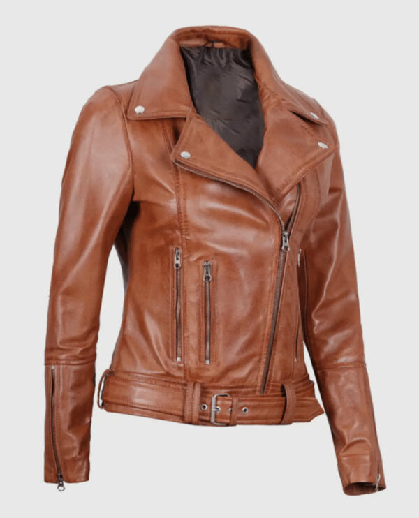 Women's Light Brown Asymmetrical Leather Biker Jacket - Belted - Image 3