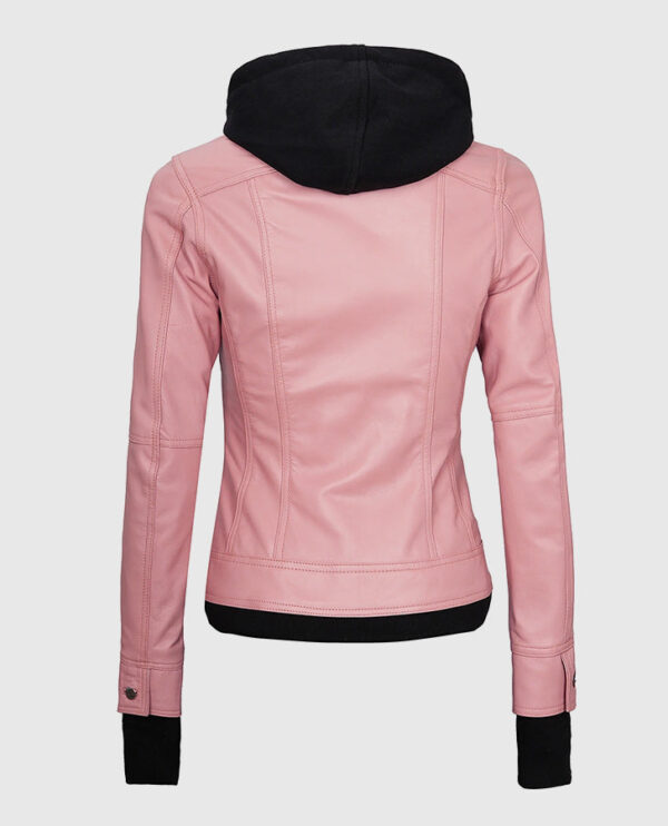 Women's Pink Bomber Leather Jacket with Hood - Image 2