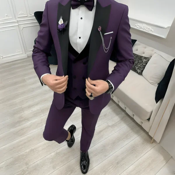 Men Three Piece Purple Wedding Suit - Image 2
