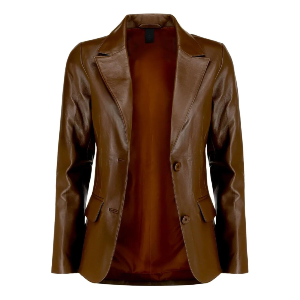 Womens Two Button Dark Brown Leather Blazer - Image 2