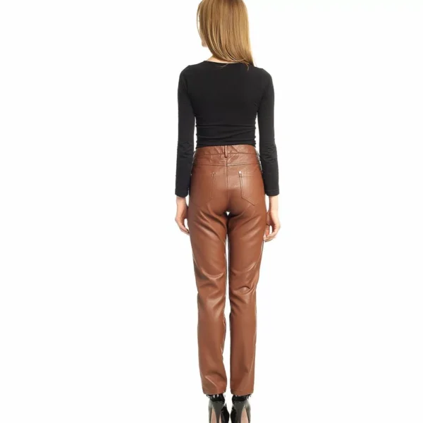 Camel Brown Leather Pants Women - Image 4