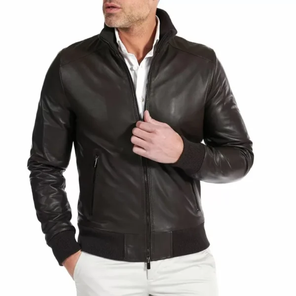 Chocolate Brown Leather Bomber Jacket for Men - Image 3