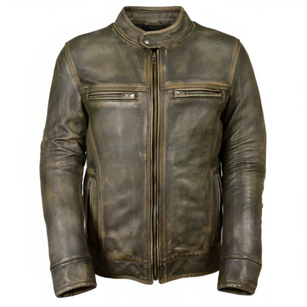 Mens Brown Cafe Racer Genuine Distressed Triple Stitch Leather Jacket
