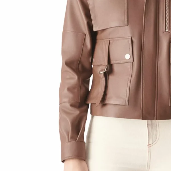 Brown Leather Bomber Jacket Womens - Image 3