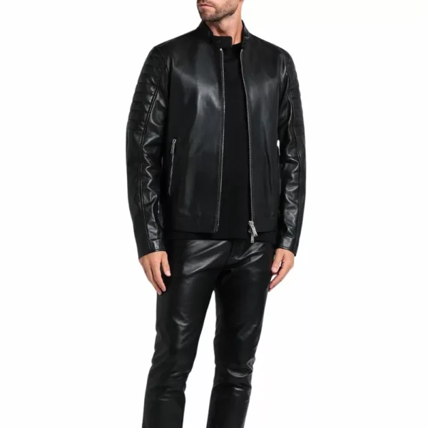 Black Quilted Leather Jacket Cafe Racer - Image 3