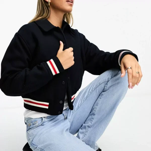 Women Blue Woolen Bomber Varsity Jacket - Image 2