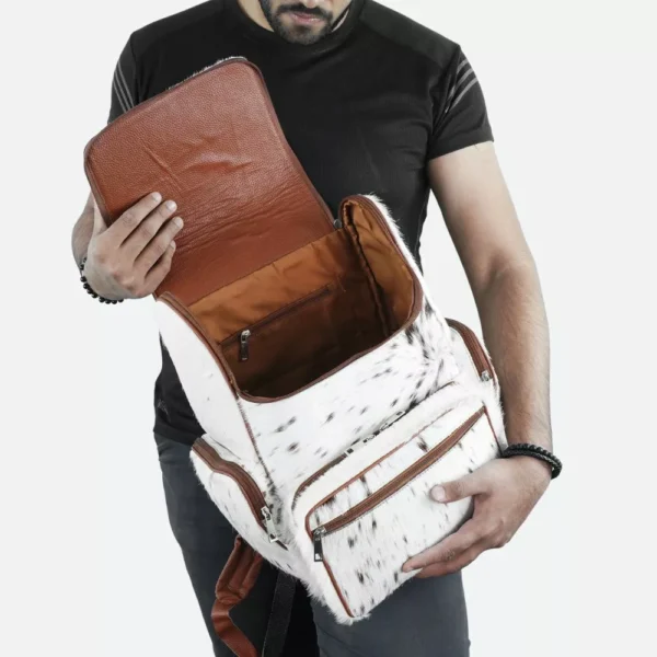 White & Brown Fur Cowhide Backpack - Image 3