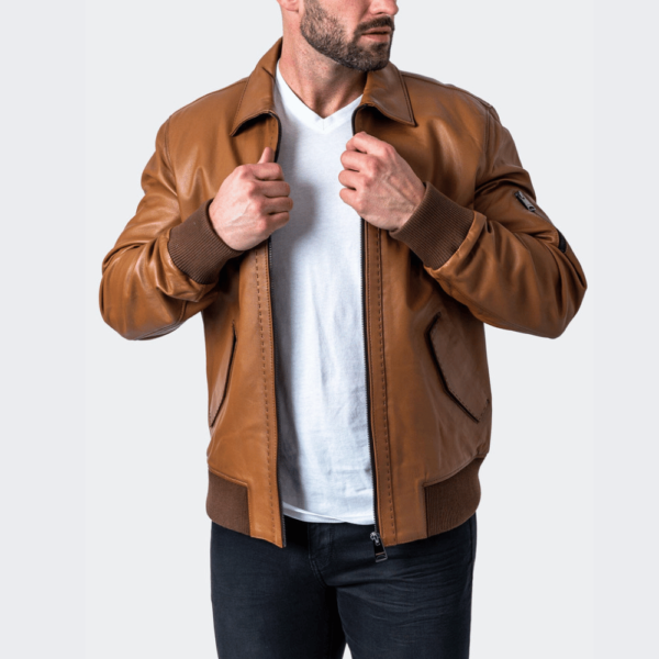Classic Collar Real Leather Brown Jacket for Men - Image 2