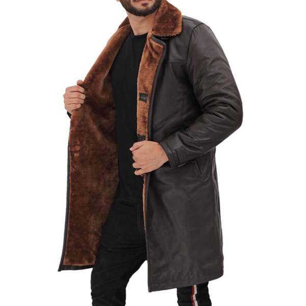 Mens Brown Real Leather Shearling Trench Coat - Image 3
