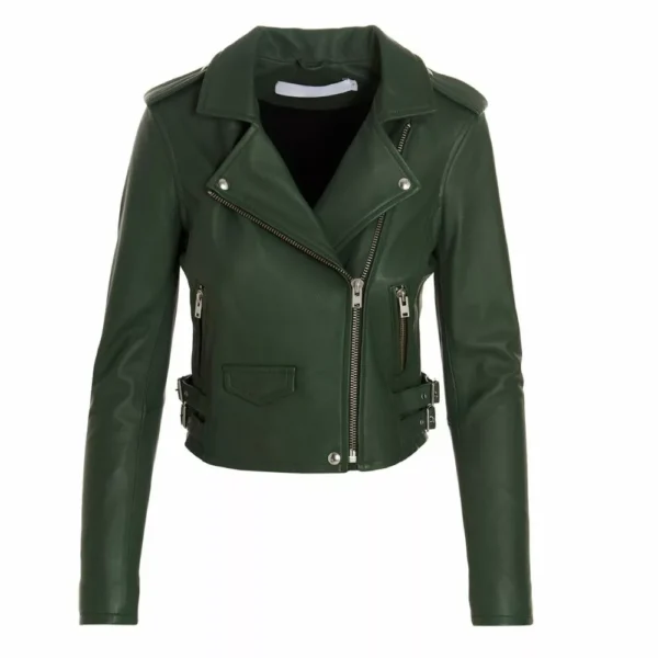Asymmetrical Green Biker Leather Jacket Women