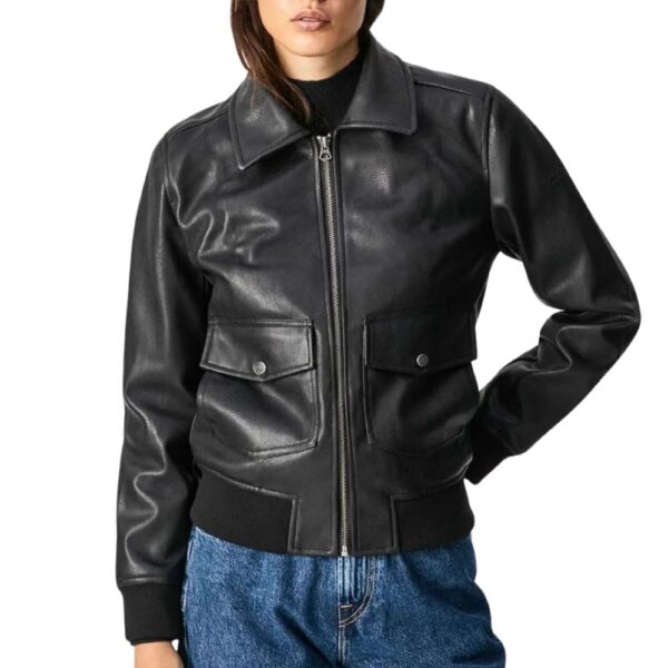 Womens Classic Collared Black Bomber Leather Jacket - Image 3