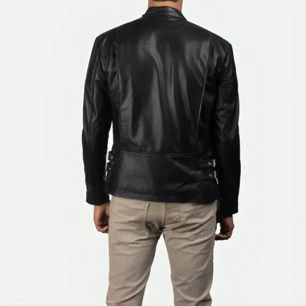 Mens White Striped Leather Cafe Racer Jacket - Image 3