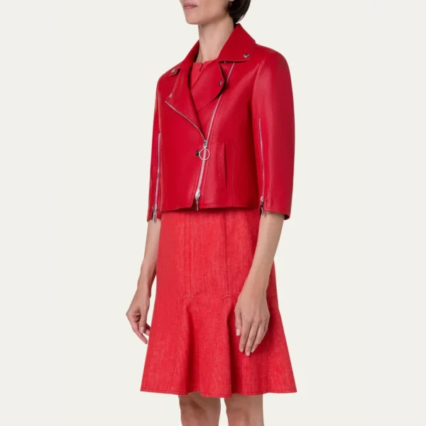 Womens Red Cropped Leather Moto Jacket - Image 3
