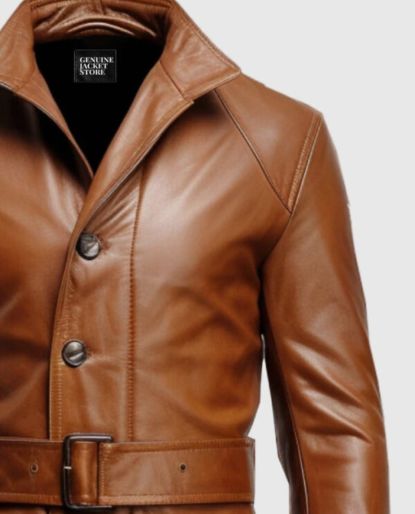Men's Vintage Big Pockets Tan Brown Leather Coat - Image 5